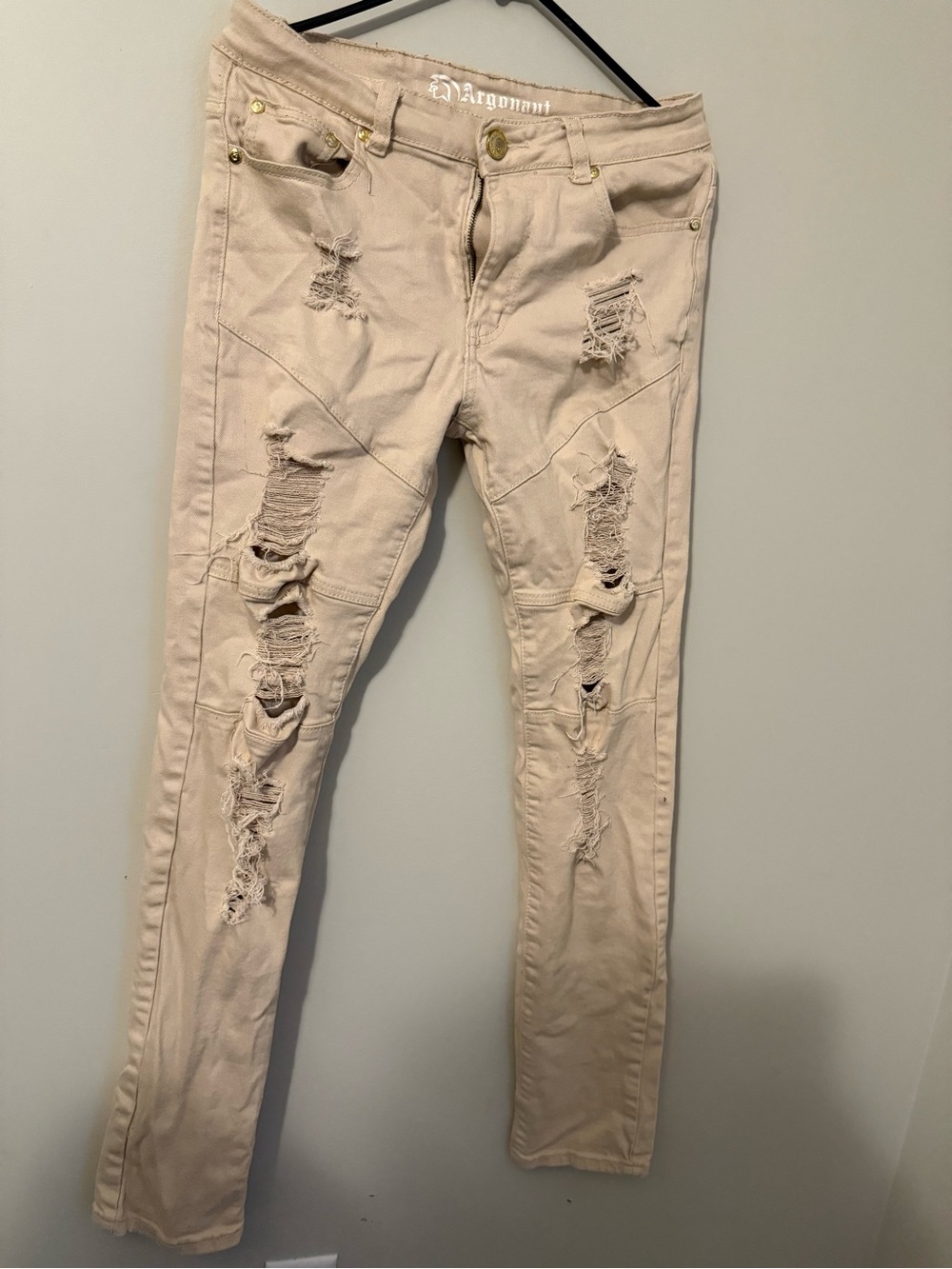 Distressed Skinny Jeans in Beige - Women's Stretch Slim Fit